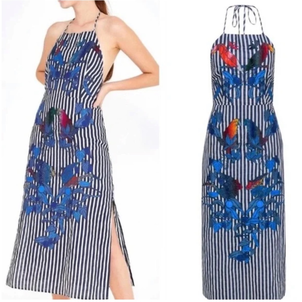 FARM Rio Navy & White Striped Halter Midi Dress with Blue Floral Embroidery - Picture 3 of 8